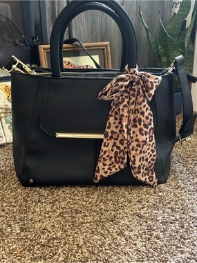 Steve Madden Black Tote with Leopard Scarf Accent